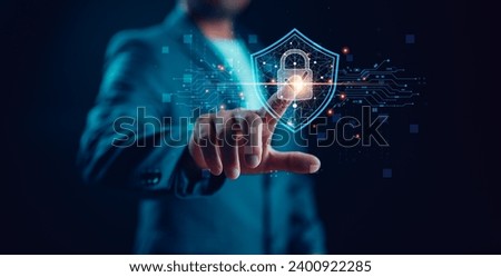 Cybersecurity and privacy concepts to protect data. Lock icon and internet network security technology. Businessman protecting personal data on smartphone, virtual screen interfaces. cyber security.