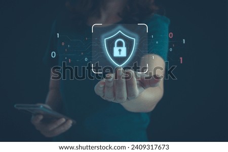 Cybersecurity and privacy concepts to protect data. Lock icon and internet network security technology. Businesswoman protecting personal data on smartphone, virtual screen interfaces. cyber security.