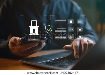 Cybersecurity and privacy concepts to protect data. Lock icon and internet network security technology. Businessman protecting personal information data on laptops, secure, password, privacy, access.