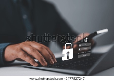 Cybersecurity and privacy concepts to protect data. Lock icon and internet network security technology. Businessman protecting personal data on