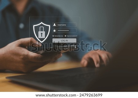 Cybersecurity and privacy concepts to protect data. Lock icon and internet network security technology. Businessman protecting personal data on smartphone, virtual screen interfaces. cyber security.