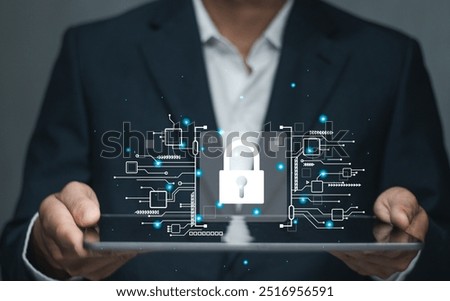 Cybersecurity and privacy concepts to protect data. Businessman show virtual padlock icon for protecting personal data and secure internet access.