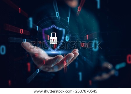Cybersecurity and privacy concepts to protect data. Lock icon and internet network security technology. Businessman protecting personal data on smartphone, virtual screen interfaces. cyber security.