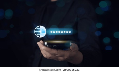 Cybersecurity and privacy concepts to protect data.Person use smartphone to login and password for secured internet access and data protection and. cybersecurity - Powered by Shutterstock