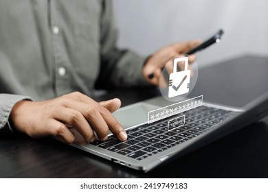 Cybersecurity and privacy concepts, User interacting with a secure login interface adorned with a screen padlock. Internet network security technology. Encryption secure, Data protection.