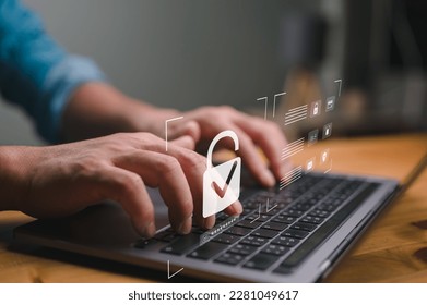 Cybersecurity privacy of data protection, businessman using computer secure encryption technology, security of Internet access, security encryption of user private data, business confidentiality.