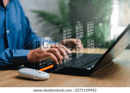 Cybersecurity privacy data protection concept and document management concept,Businessman use laptop secure encryption to access data and documents Safe storage of confidential data of company system