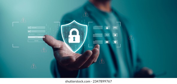 Cybersecurity and privacy-sensitive data. Business leaders using internet network security technology. Businessman showing locking down personal data on hand, cybersecurity concept.