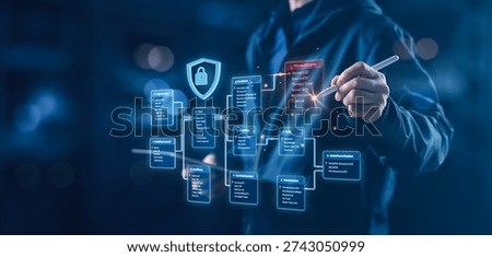 Cybersecurity professional managing secure database architecture with digital interface showing threat detection, access control, and encryption systems for enterprise data protection.