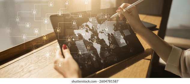 Cybersecurity Protecting Data with Encryption and Security Measures on a Wide Banner, Business and Technology Concept.