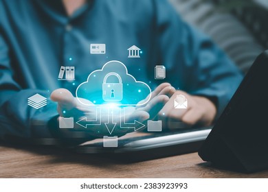 Cybersecurity protection and cloud computing system concept, Businessman shows the privacy cloud icon in hand and uses tablet management data, Secure and up-to-date data collection internet network