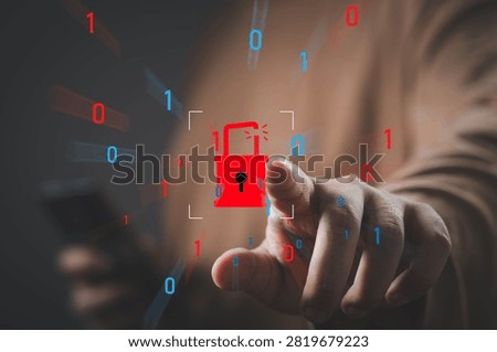 Cybersecurity protection concept featuring digital padlock, binary code and secure access interface. Symbol of data security, encryption, privacy protection, network defense and cyber risk management.