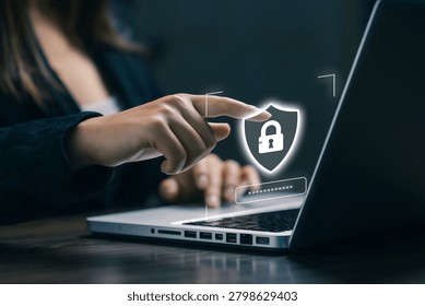 Cybersecurity protection concept featuring secure login, password authentication and digital privacy interface on laptop, representing data protection, network security and cyber defense.