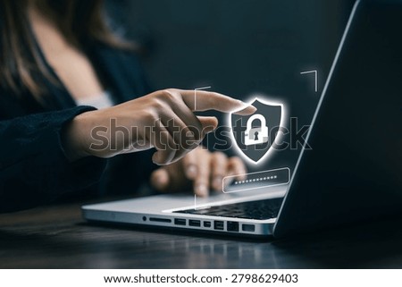 Cybersecurity protection concept featuring secure login, password authentication and digital privacy interface on laptop, representing data protection, network security and cyber defense.