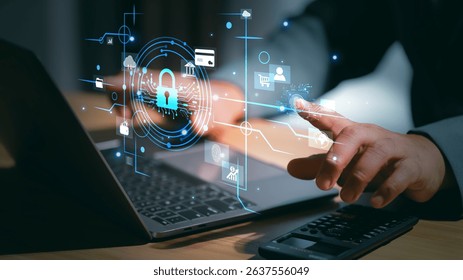 Cybersecurity protection concept with a hand touching a glowing padlock and shield icon, representing data security, encryption, and secure digital access in a high-tech environment.