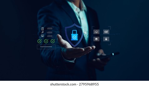Cybersecurity protection concept with secure authentication, data privacy, access control, cloud security, compliance management and digital identity verification for enterprise information systems.