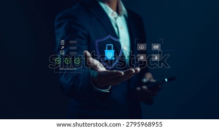 Cybersecurity protection concept with secure authentication, data privacy, access control, cloud security, compliance management and digital identity verification for enterprise information systems.