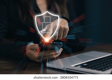 Cybersecurity protection concept with secure shield and lock icon above smartphone, illustrating data privacy, network defense, cyber protection, encryption, and digital security solutions.