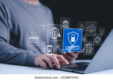 Cybersecurity protection and data security concept. Digital icons representing cyber security, data protection, encryption, and secure access. online security, privacy, defense against cyber threats,