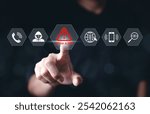 Cybersecurity scam alert warning concept. A hand interacts with a virtual interface displaying icons for scam alert, fraud detection, and online security, cybersecurity awareness and fraud prevention.