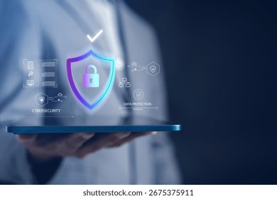 Cybersecurity secure data protection system, digital lock and secure network connection for online privacy, IT security, and cloud safety.