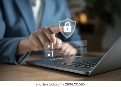 Cybersecurity and secure login authentication concept with business man accessing protected digital account, identity verification, data protection, password security and online privacy management.