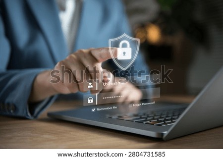 Cybersecurity and secure login authentication concept with business man accessing protected digital account, identity verification, data protection, password security and online privacy management.