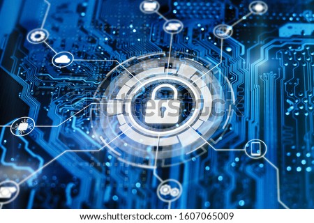 Cybersecurity and secure nerwork concept. Data protection, gdrp. Glowing futuristic backround with lock on digital integrated circuit.
