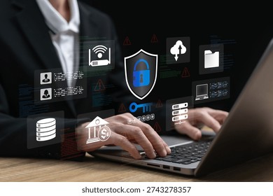Cybersecurity and Secure Online Authentication Concept, Businesswoman Coding Data Protection System to Prevent Hacking and Scams, Safeguarding Financial Transfers, Personal Data and Digital Documents
