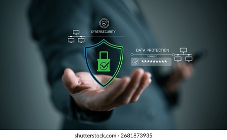 Cybersecurity, IT security, digital privacy and data protection concept. Businesswoman showing shield with lock on hand, network connection and password for protect data communication online.