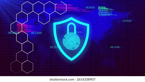 Cybersecurity shield is being shown in flat design grid interface, with fingerprint icon hexagons. Technology, digital security, data protection, cyber defense, network infrastructure, futuristic,