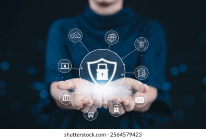 Cybersecurity shield digital protection concept. Cyber security representing digital security, with icons for cloud protection, fingerprint authentication, bank, email, and other secure processes. - Powered by Shutterstock - Get 15% off with code: PIKWIZARD15