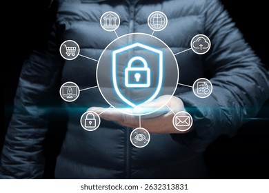 Cybersecurity shield digital protection concept. Cyber security representing digital security, with icons for cloud protection, fingerprint authentication, bank, email, and other secure processes