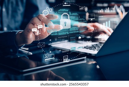 Cybersecurity surrounded by digital data and interface elements.technology secure communication, data encryption.digital security and privacy,cloud technology
