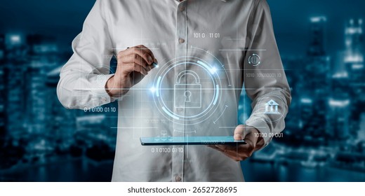 Cybersecurity system interface with biometric lock and data protection. Cybersecurity protects access, identity, cyber security prevents threats, and cyber security supports digital systems. Vouch