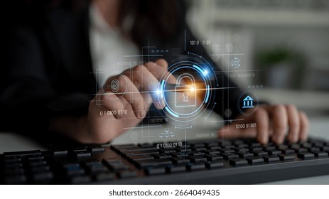 Cybersecurity system interface with biometric lock and data protection. Cybersecurity protects access, identity, cyber security prevents threats, and cyber security supports digital systems. Latch