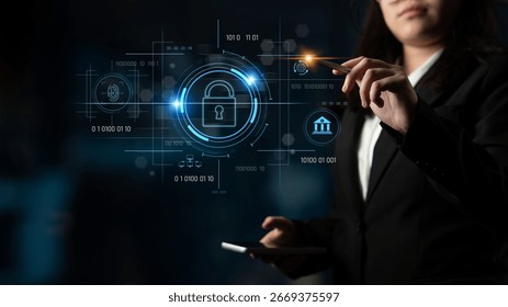 Cybersecurity system interface with biometric lock and data protection. Cybersecurity protects access, identity, cyber security prevents threats, and cyber security supports digital systems. Latch