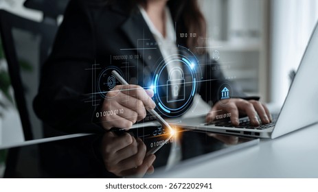 Cybersecurity system interface with biometric lock and data protection. Cybersecurity protects access, identity, cyber security prevents threats, and cyber security supports digital systems. Latch