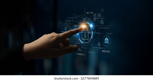 Cybersecurity system interface with biometric lock and data protection. Cybersecurity protects access, identity, cyber security prevents threats, and cyber security supports digital systems. Latch