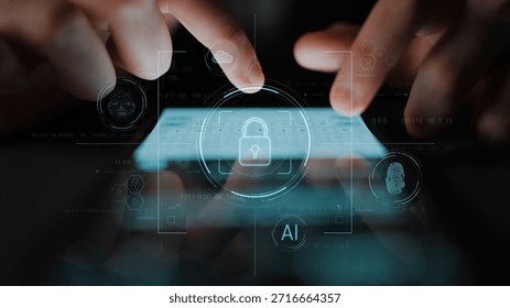 Cybersecurity system interface with biometric lock and data protection. Cybersecurity protects access, identity, cyber security prevents threats, and cyber security supports digital systems. Marrow