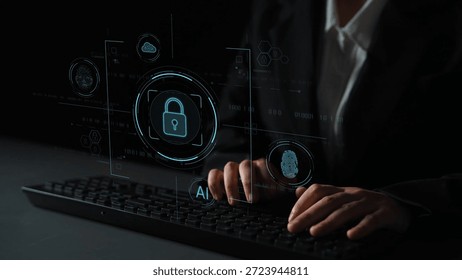 Cybersecurity system interface with biometric lock and data protection. Cybersecurity protects access, identity, cyber security prevents threats, and cyber security supports digital systems. Marrow