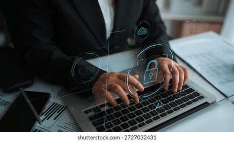 Cybersecurity system interface with biometric lock and data protection. Cybersecurity protects access, identity, cyber security prevents threats, and cyber security supports digital systems. Marrow