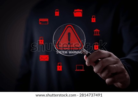 Cybersecurity system warning concept with digital threat alert, data breach protection, ransomware attack, online security risk, hacking detection and cyber defense technology interface.