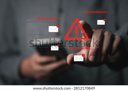 Cybersecurity system warning with phishing email alerts, mobile threat detection, spam message protection, online scam prevention and digital data security interface on smartphone technology.