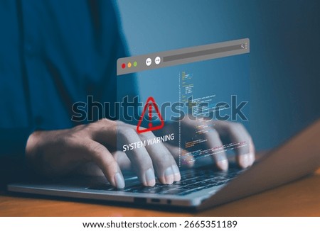Cybersecurity system warning with red exclamation mark icon and programming code on a digital interface above a laptop, representing coding errors, security threats, and online data risks.