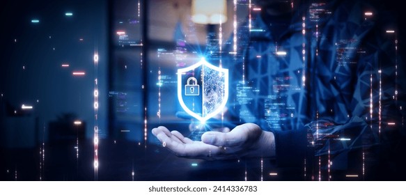 Cybersecurity technology concept protecting personal data software applications. Person using smartphone with shield on hand abstract binary code dark blue background.