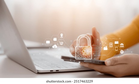 Cybersecurity technology. Cyber security and data protection on the internet. Person touching virtual shield, secure access, encrypted connection. Password protected system and storage.
