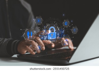 Cybersecurity technology. Cyber security and data protection on the Internet. Businessman touching virtual shield, secure access, encrypted connection. Password protected system and storage.