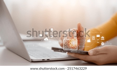 Cybersecurity technology. Cyber security and data protection on the internet. Person touching virtual shield, secure access, encrypted connection. Password protected system and storage.