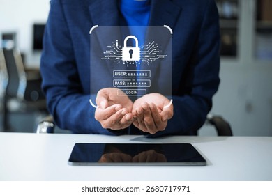 Cybersecurity technology with data protection, encryption, password access, and cloud security. Ideal for digital privacy, online safety, and IT defense visuals.